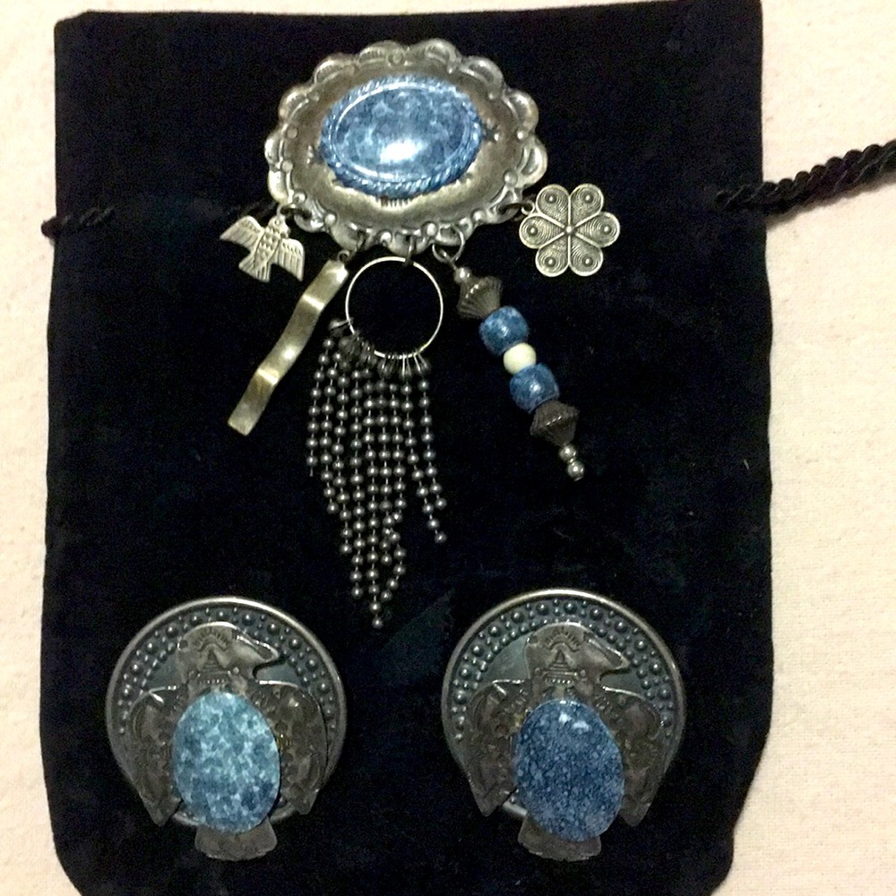 Vintage Silver and Blue Metal Eagle Brooch with 2 sets of matching earrings